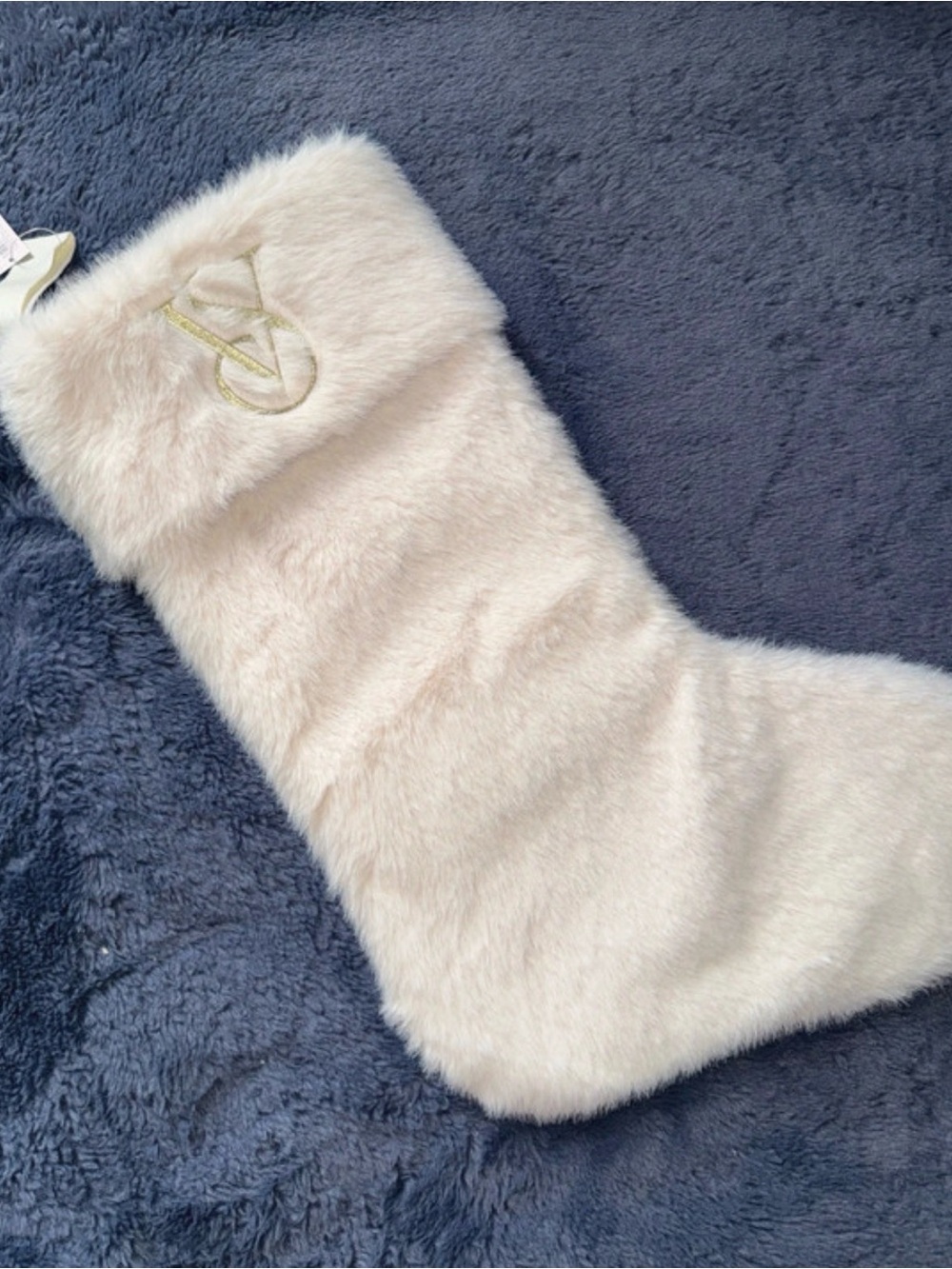 Victoria's Secret Cream Faux Fur Holiday Stocking with Gold Logo